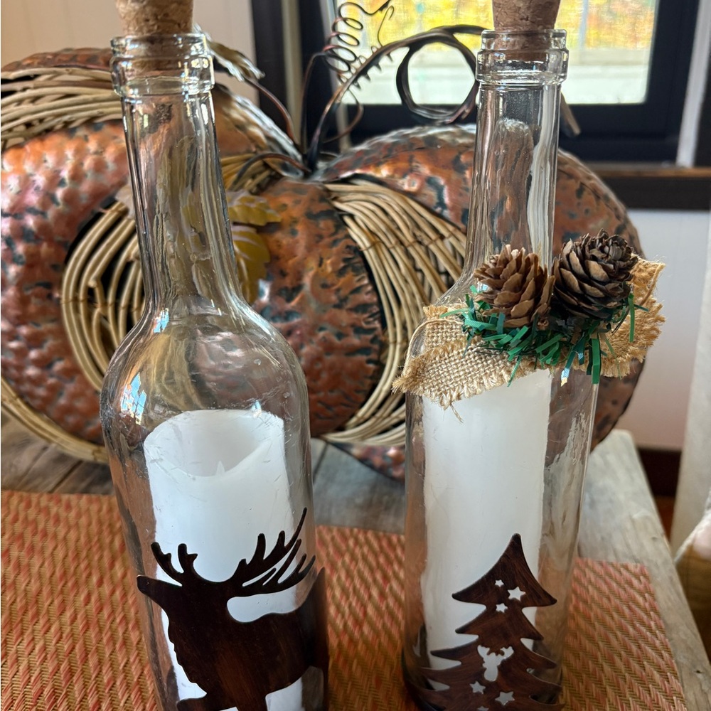 Rustic Holiday Candle Holder Set with Reindeer and Tree Design